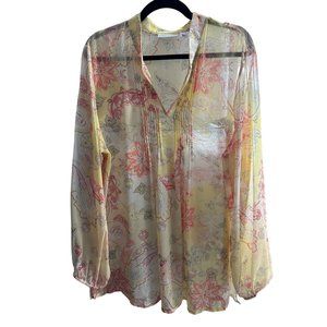 Susan Graver XL sheer yellow floral print long sleeve pin tuck v neck Boho top